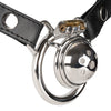 A stainless steel cage kit with a domed head attached to a leather waist strap.