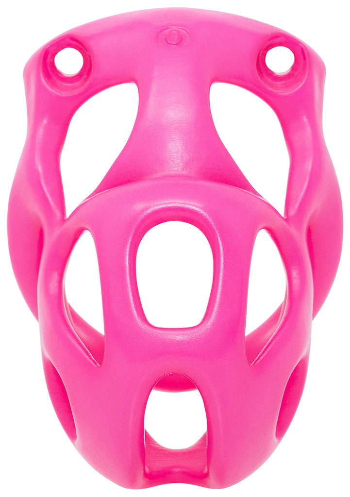 The front of a pink Hera hexlock cage in small size.