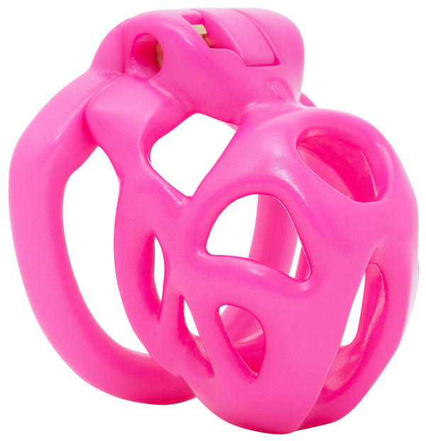 A bright pink Hera chastity kit in XS size with a barrel lock system 3D printed using MJF technology. The material is nylon and the outer surface has been post processed using vapour smoothing, which creates the smooth sealed finish.