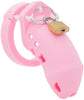 A pink HoD602 silicone chastity cage kit with a brass padlock.