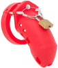 A silicone red cage attached to a back ring with three white spacers and a metal wire looped through them. A brass padlock holds two ends of the wire together.