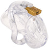 Small size clear plastic HoD370S male chastity cage with a brass padlock locked at the top of the cage. The cage section has a number of number of open air vents along the front and side.