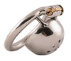 Ultra small size steel HoD S83 chastity device. The cage has a solid dome head with numerous air holes in a circular pattern around a wider pee hole.